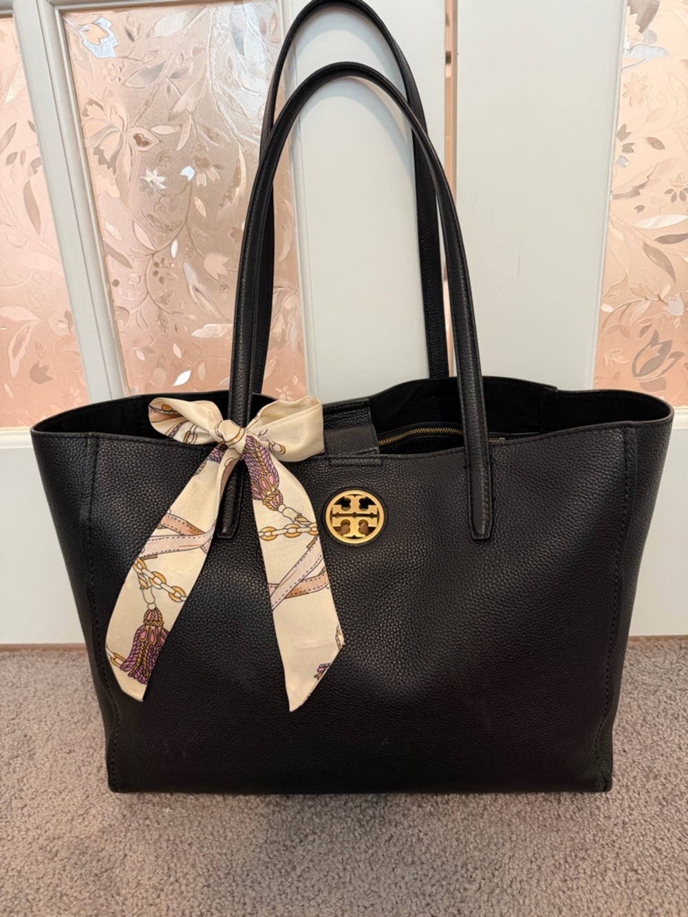 Tory Burch Black Carson Leather Tote with Double T Gold Logo